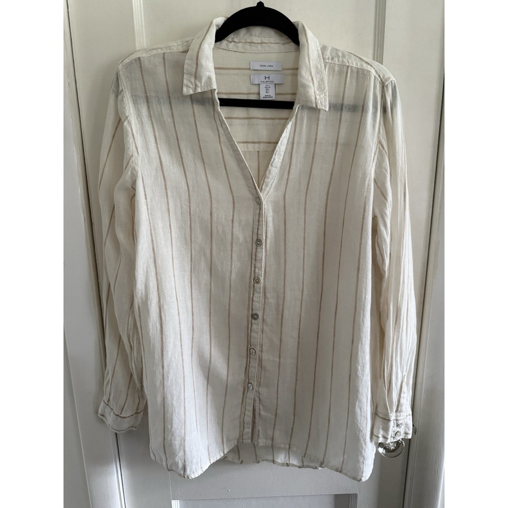 H by Halston 100% Linen Button Down Shirt Size L Striped Beachy Coastal